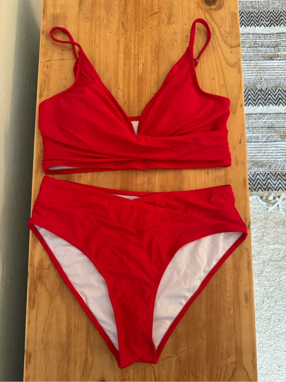 Red Two-Piece Bikini Set - V-Neck Top & High-Waist Bottoms